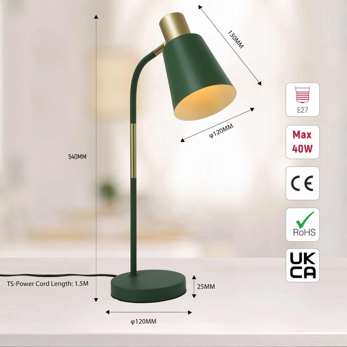 Size and certifications of Elegance Curve E27 Desk Lamp 130-03714