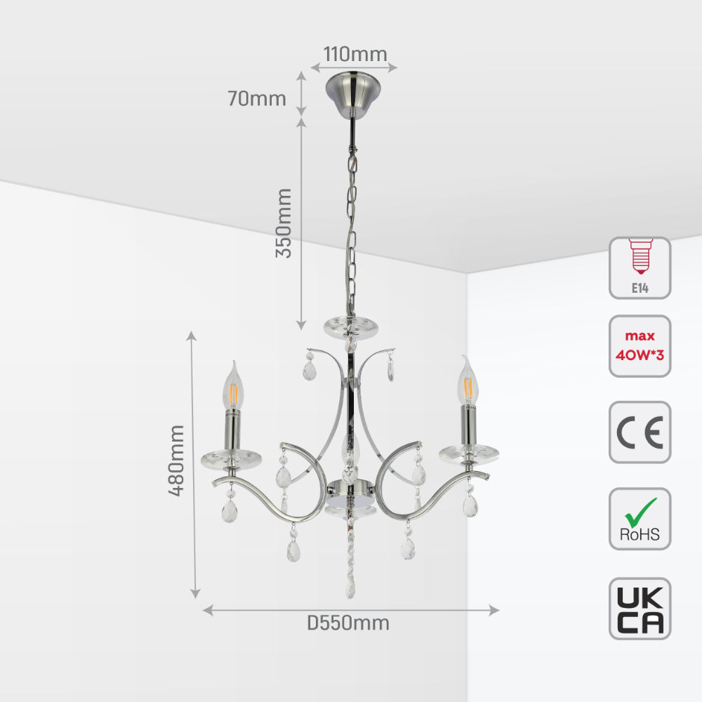 Size and tech specs of Elegant Chrome Chandelier Ceiling Light with Crystal Beads | TEKLED 152-171512