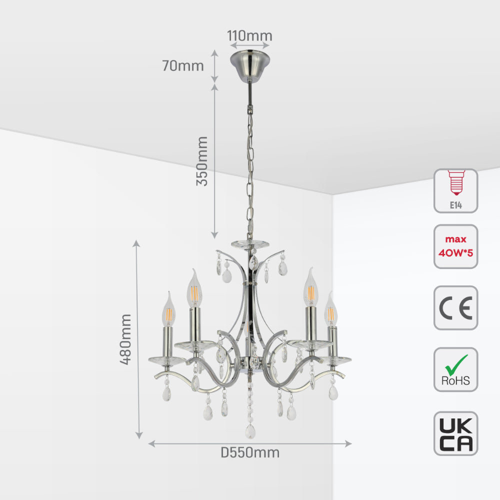 Size and tech specs of Elegant Chrome Chandelier Ceiling Light with Crystal Beads | TEKLED 152-171513