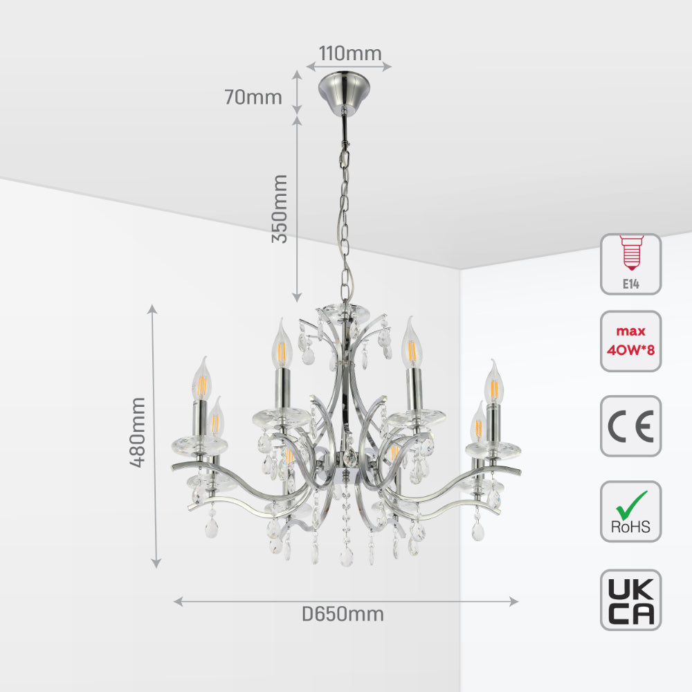 Size and tech specs of Elegant Chrome Chandelier Ceiling Light with Crystal Beads | TEKLED 152-171514