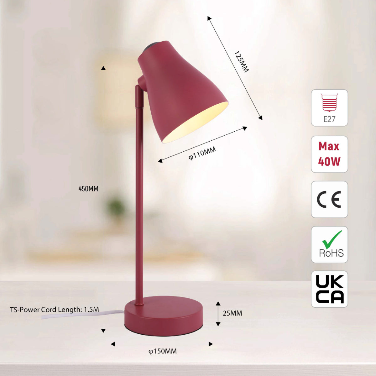 Size and certifications of Elegant Rotatable Desk Lamp in Assorted Colors 130-03648