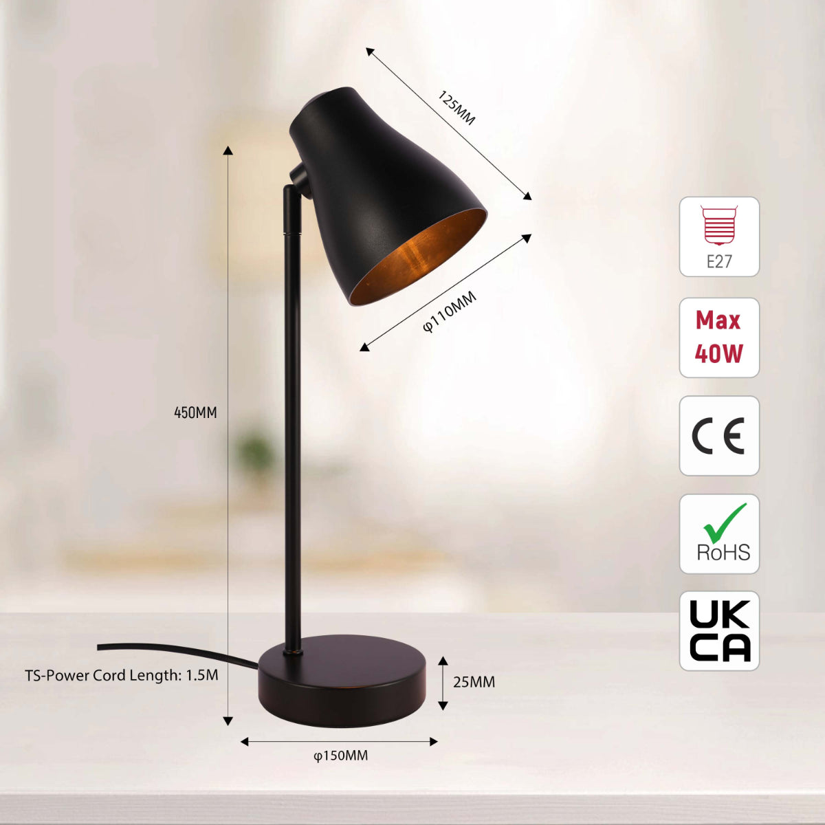 Size and certifications of Elegant Rotatable Desk Lamp in Assorted Colors 130-03650