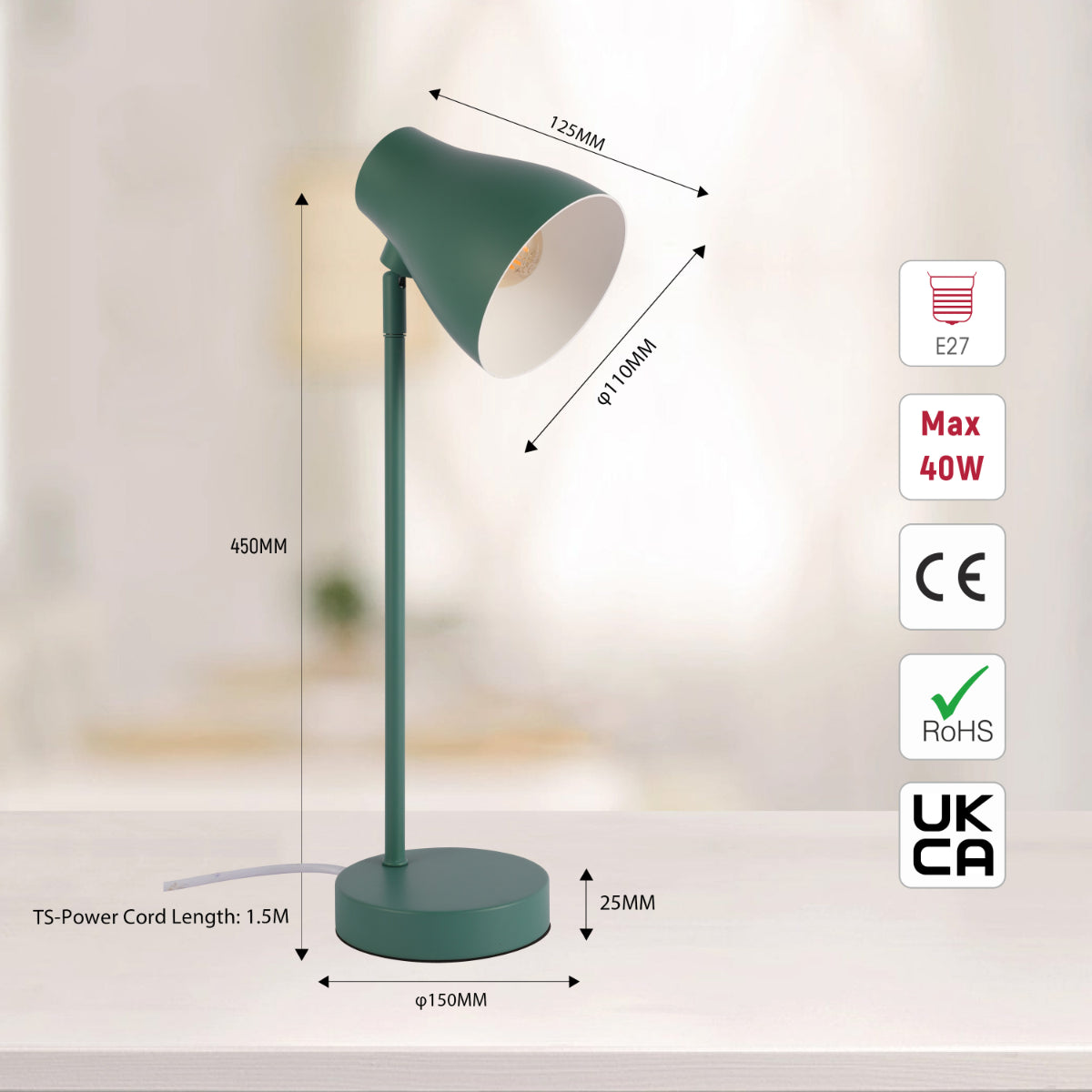 Size and certifications of Elegant Rotatable Desk Lamp in Assorted Colors 130-03654