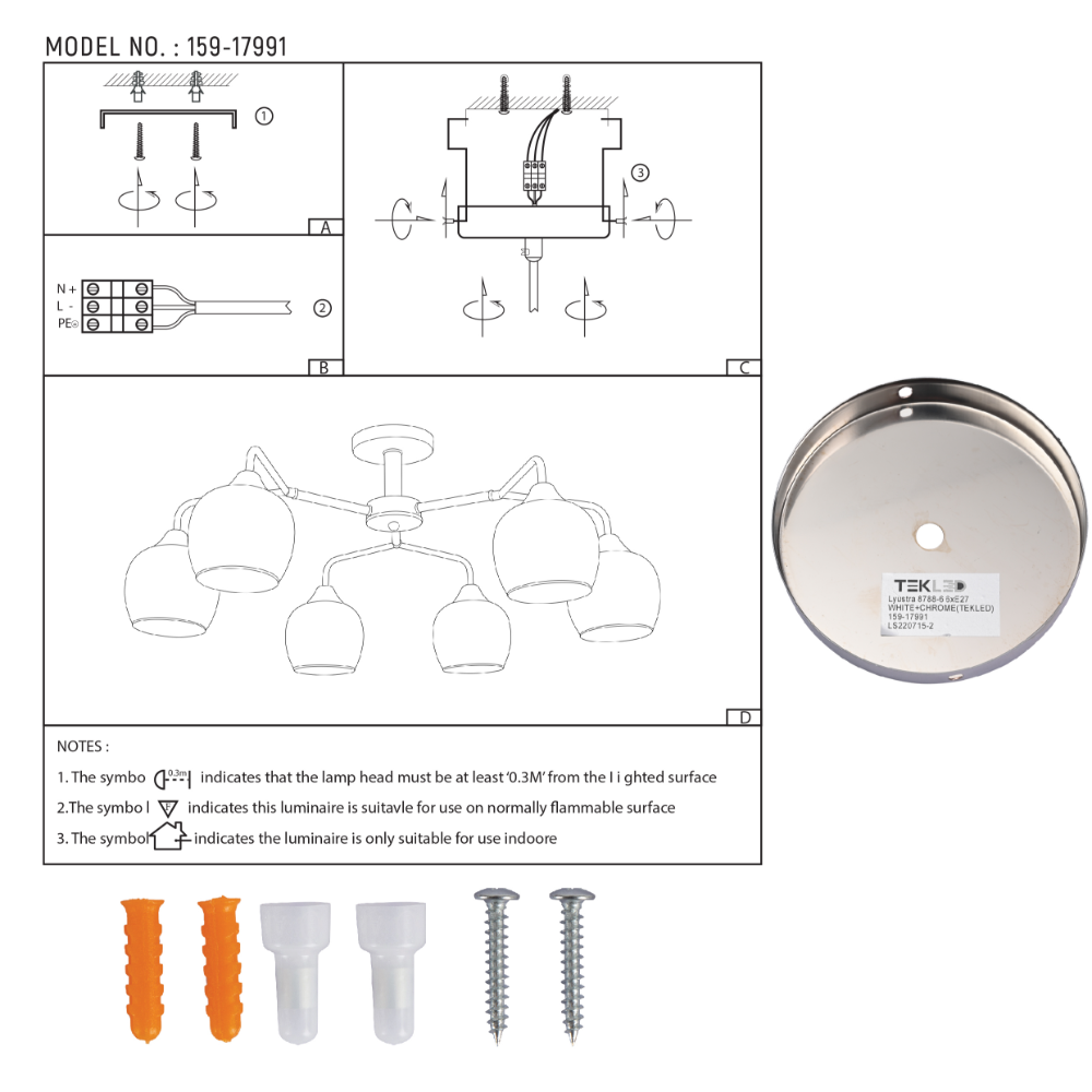 User manual for Elegant Wishbone Chrome & Smoky Glass Semi Flush Ceiling Light | TEKLED 159-17991