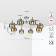Size and tech specs of Elegant Wishbone Chrome & Smoky Glass Semi Flush Ceiling Light | TEKLED 159-17992