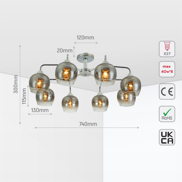 Size and tech specs of Elegant Wishbone Chrome & Smoky Glass Semi Flush Ceiling Light | TEKLED 159-17992