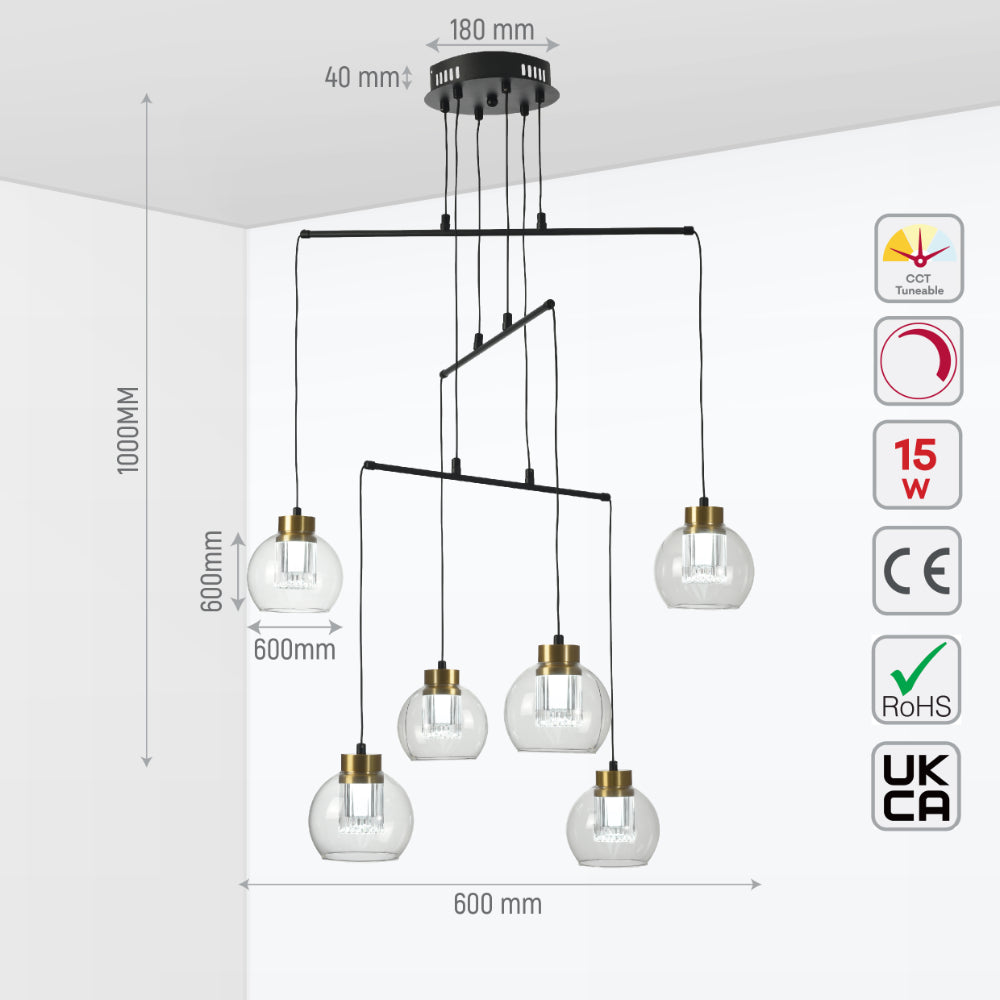 Size and tech specs of Eleganza Lumina Adjustable LED Chandeliers | TEKLED 159-17952