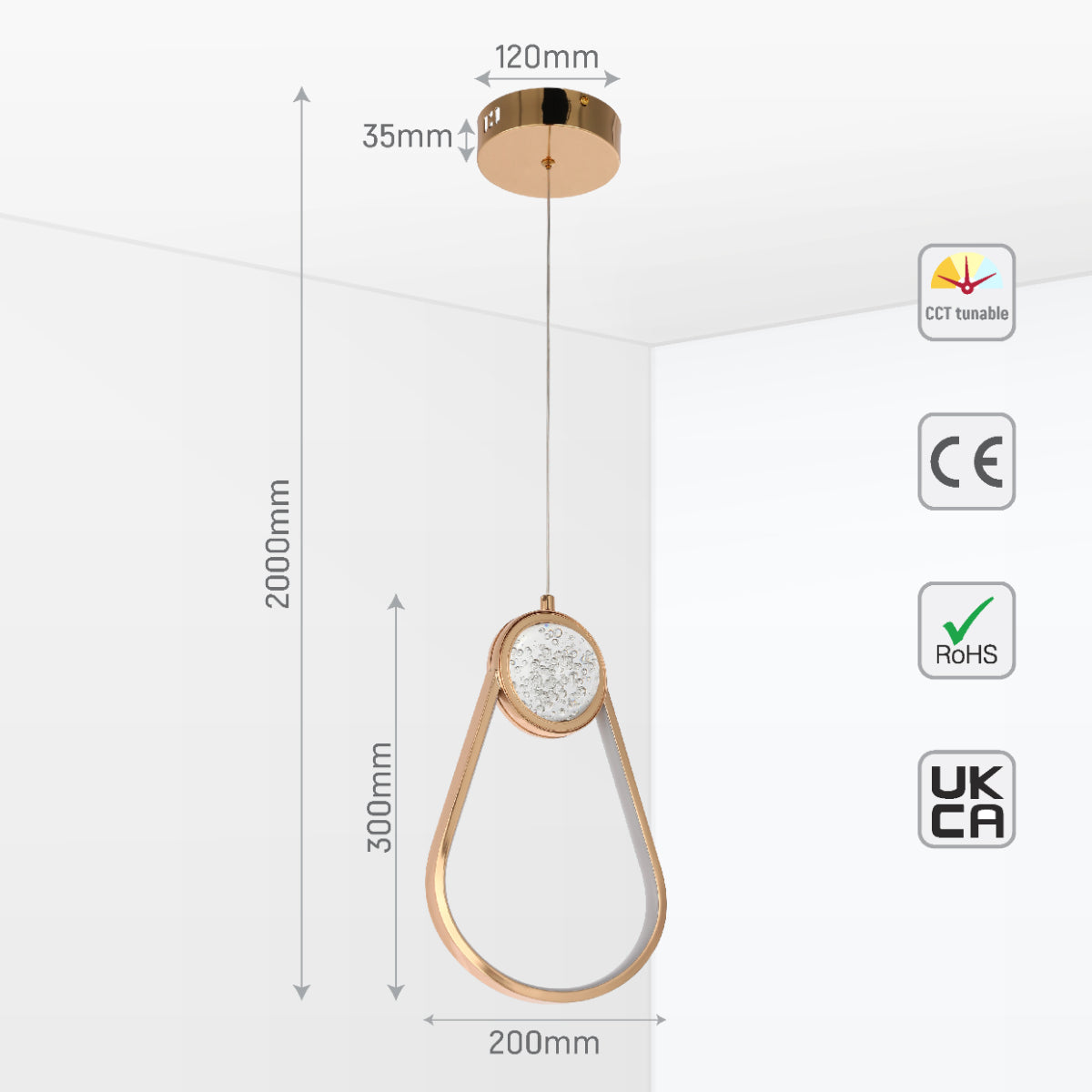 Size and certifications of Farrah Moon Pearl LED Pendant Light Gold 159-18117