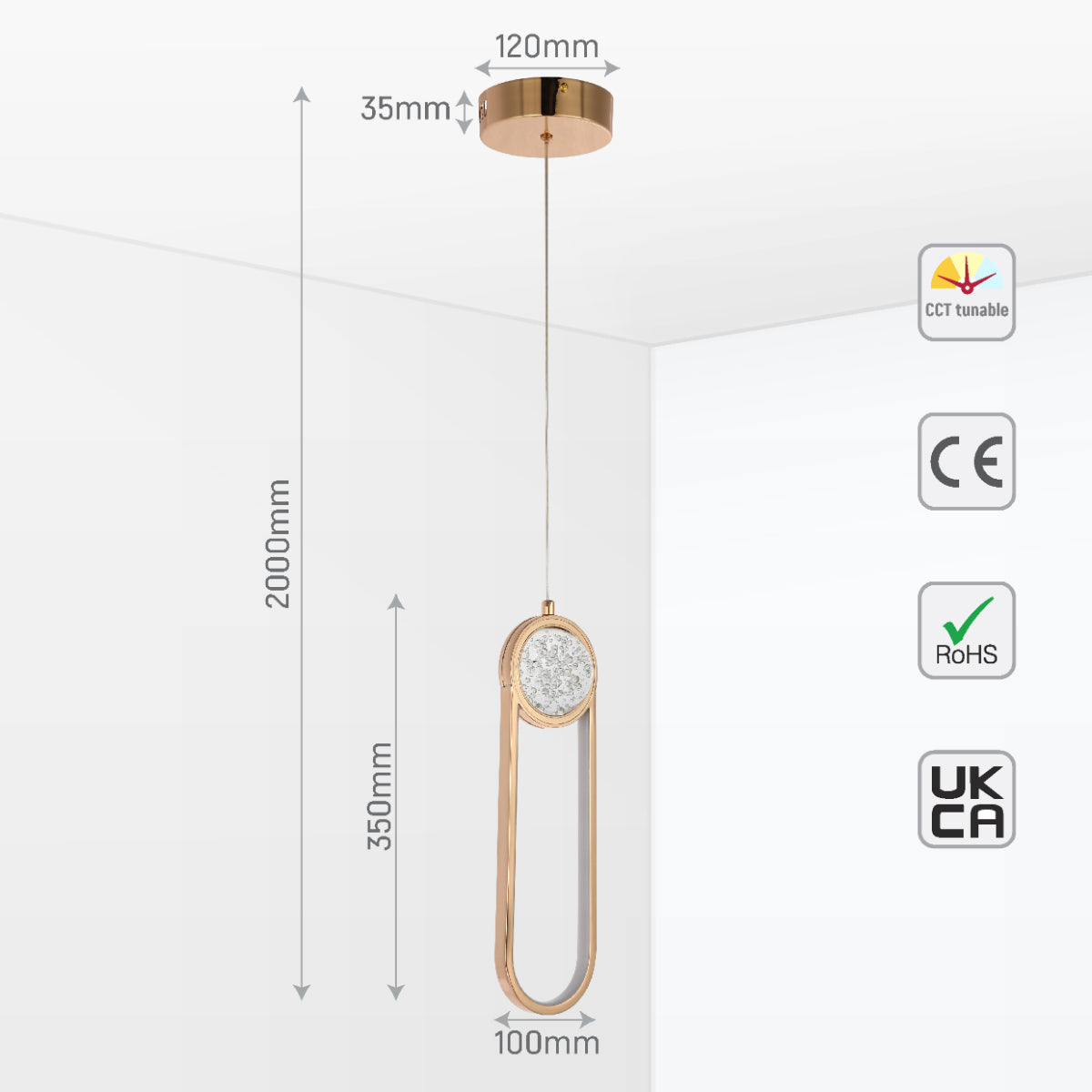 Size and certifications of Farrah Moon Pearl LED Pendant Light Gold 159-18118