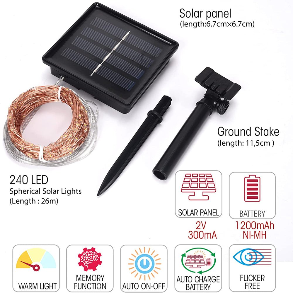 Dimensions and features of Serpens Solar Micro-LED String 240 LEDs 26m Warm White LED String Fairy Light