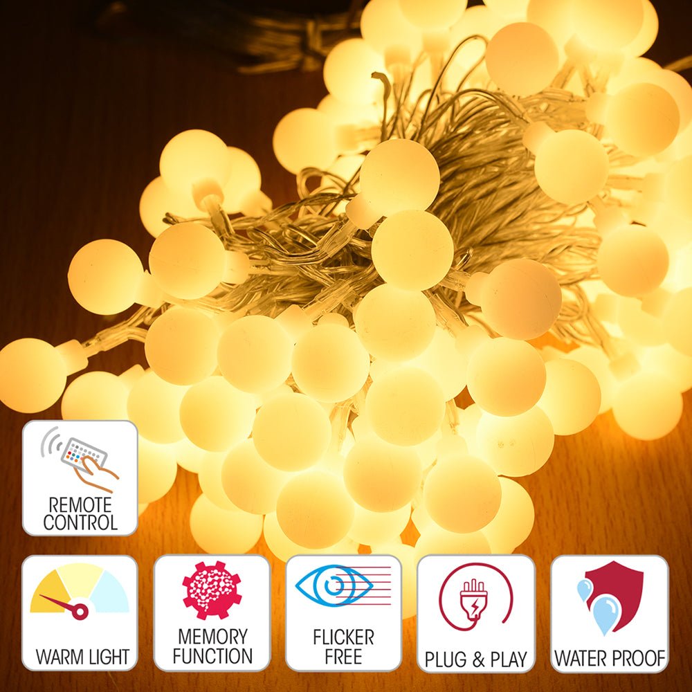 Close up and features of Puppis LED Globe Light 100 LEDs 15m with Power Adaptor Warm White & Remote Control LED String Light