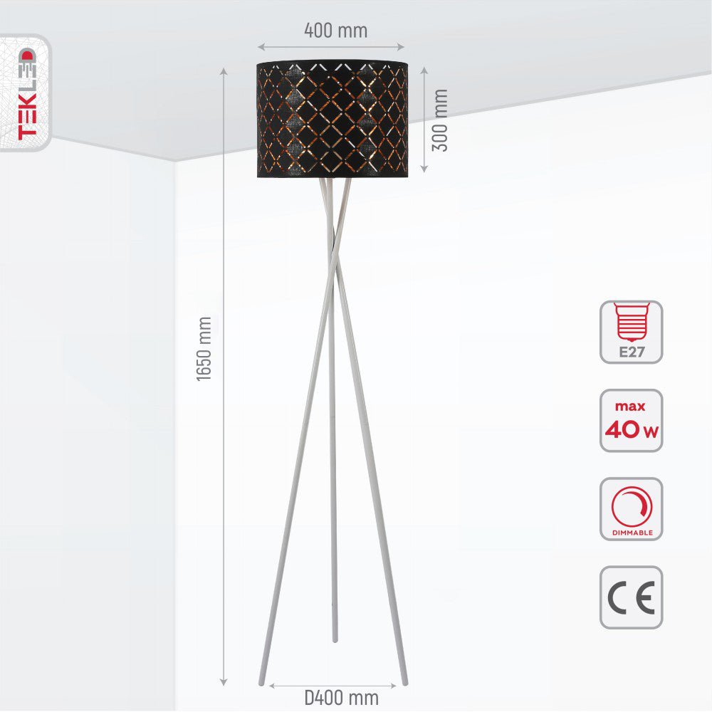 Alternate view of lamp shade and tripod close up of tripod white drum floor lamp with e27 fitting