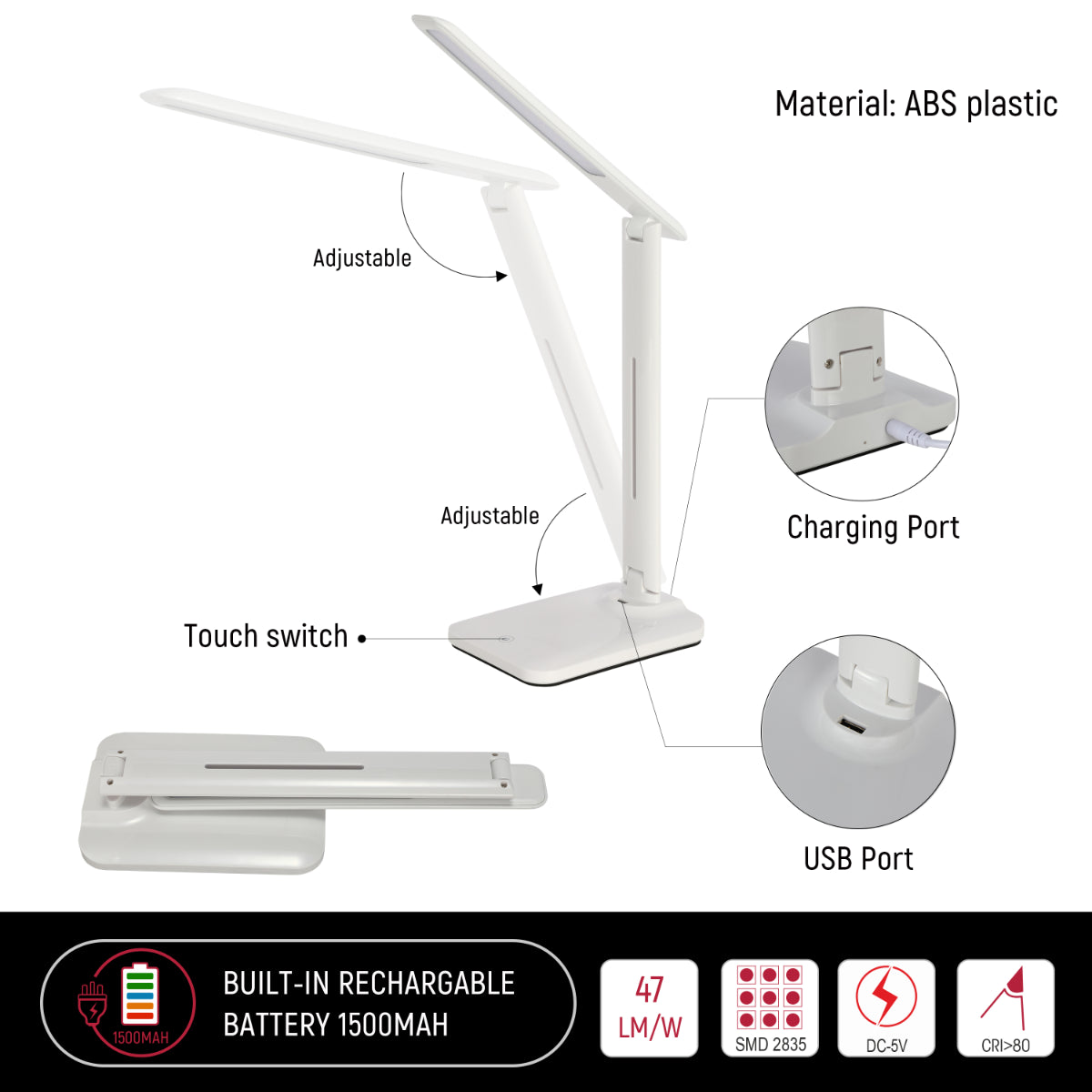 Close shots of Foldable LED Desk Lamp with USB Phone Charging Feature 130-03763