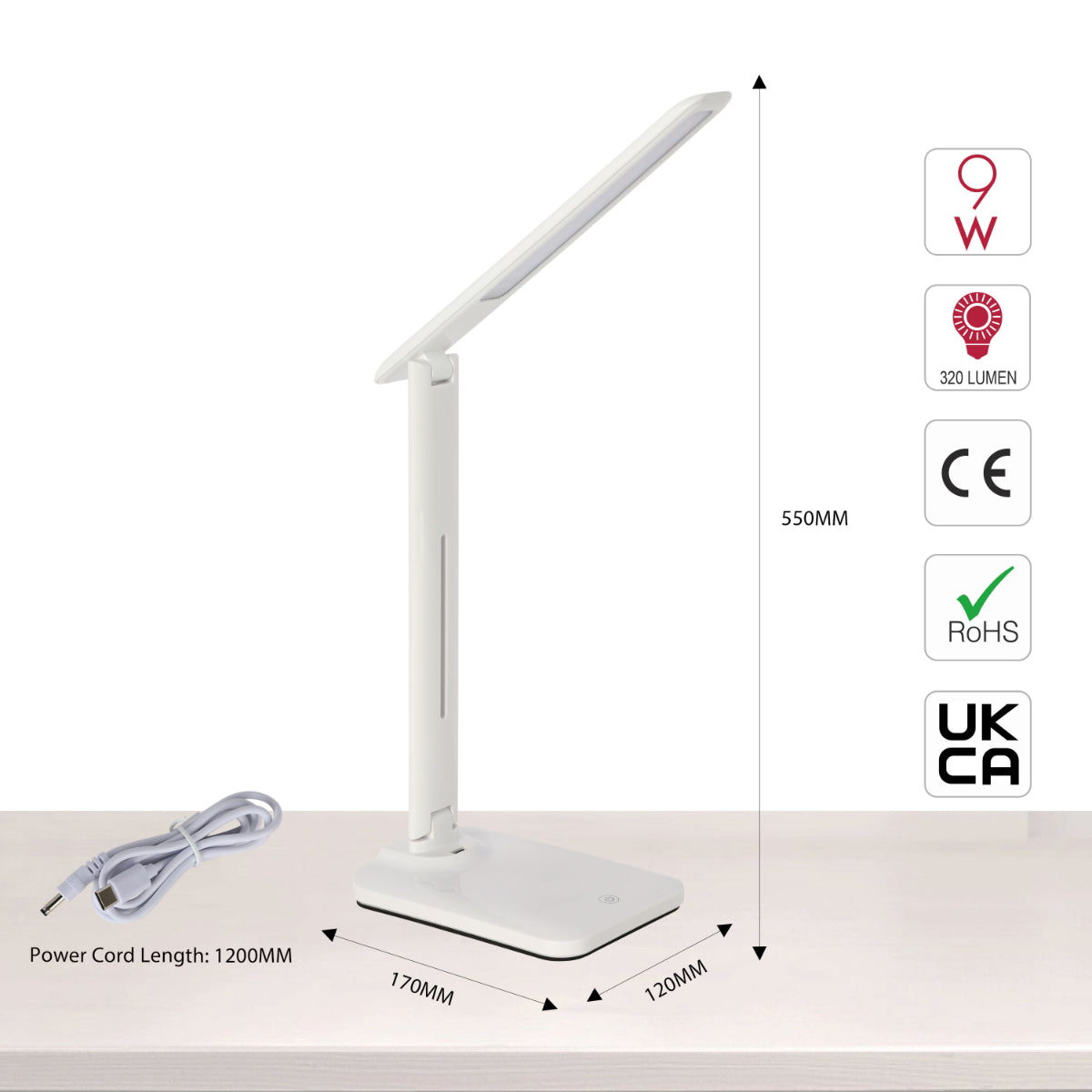 Size and certifications of Foldable LED Desk Lamp with USB Phone Charging Feature 130-03763
