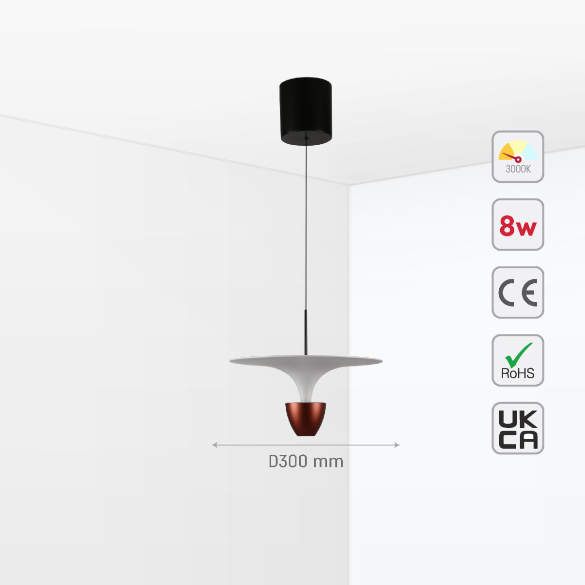 Size and certifications of Fountain Pendat Light brown CCT Changeble D300 8W 159-18114