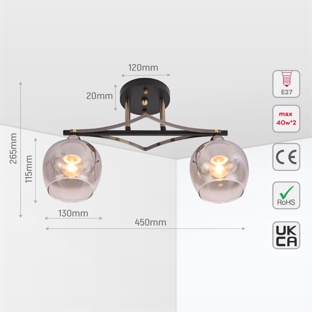 Size and tech specs of Geometric Starburst Faded Smoky Grey Globe Black & Bronze Ceiling Light | TEKLED 159-179983