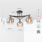 Size and tech specs of Geometric Starburst Faded Smoky Grey Globe Black & Bronze Ceiling Light | TEKLED 159-179984