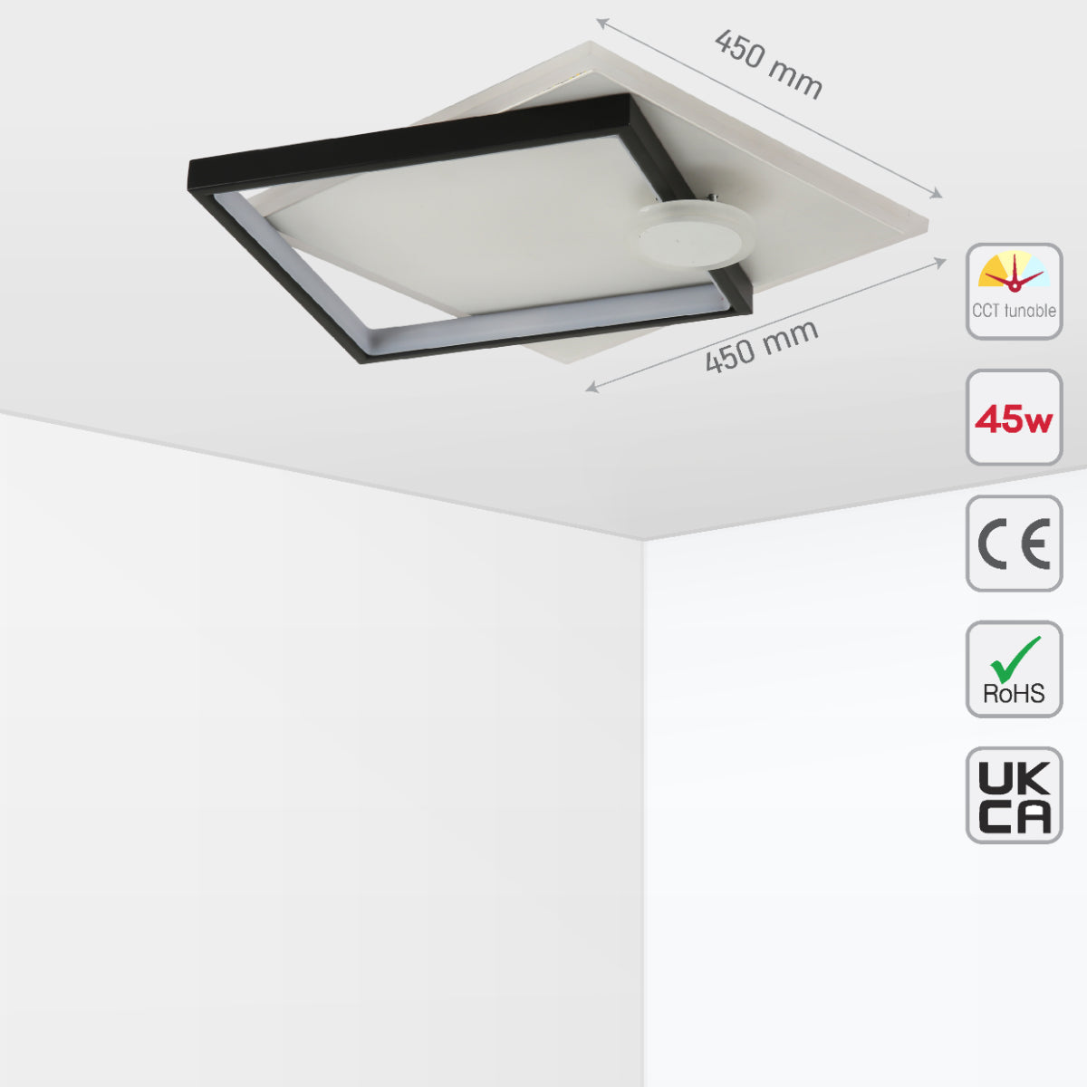 Size and certifications of Geometric Tri-Element LED Flush Ceiling Light 159-18111