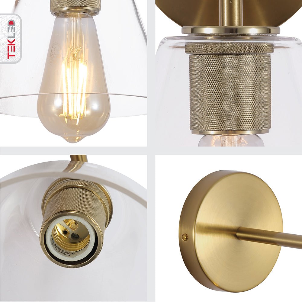 Detailed captures of Gold Aluminium Bronze Body Clear Glass Funnel Wall Light with E27 Fitting
