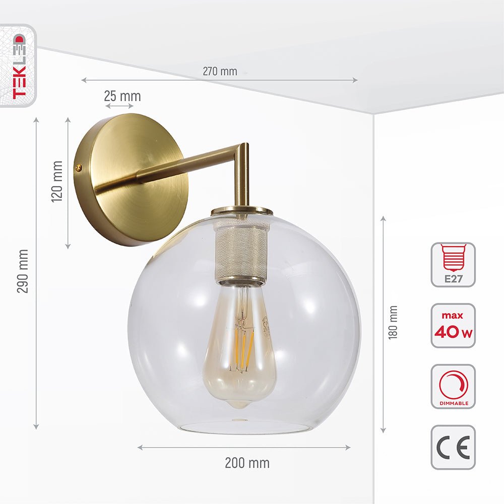 Tehcnical specifications and dimensions of Gold Aluminium Bronze Body Clear Glass Globe Wall Light with E27 Fitting