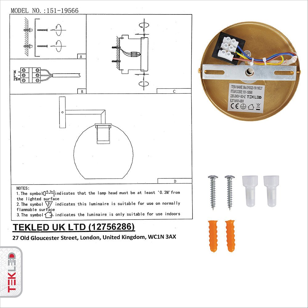 User manual and installation tools of Gold Aluminium Bronze Body Clear Glass Globe Wall Light with E27 Fitting