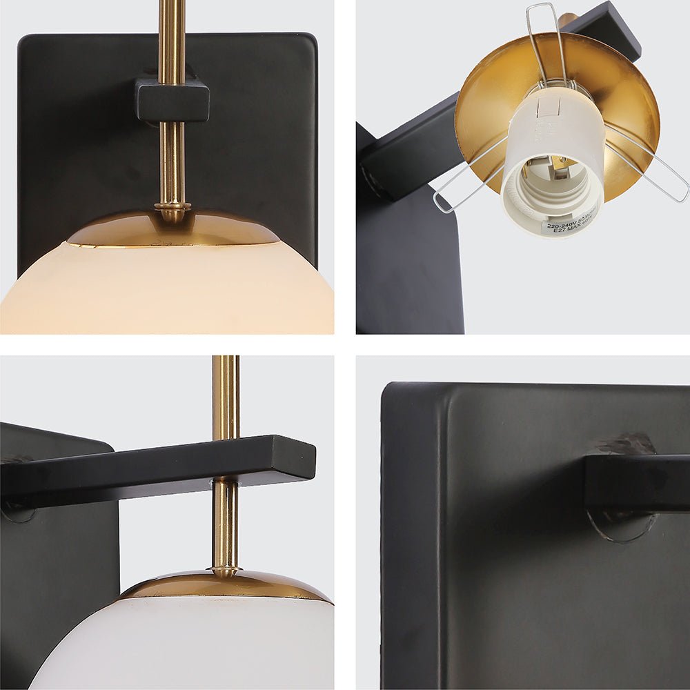 Detailed captures of Gold Aluminium Bronze Body Opal White Glass Globe Wall Light with E27 Fitting