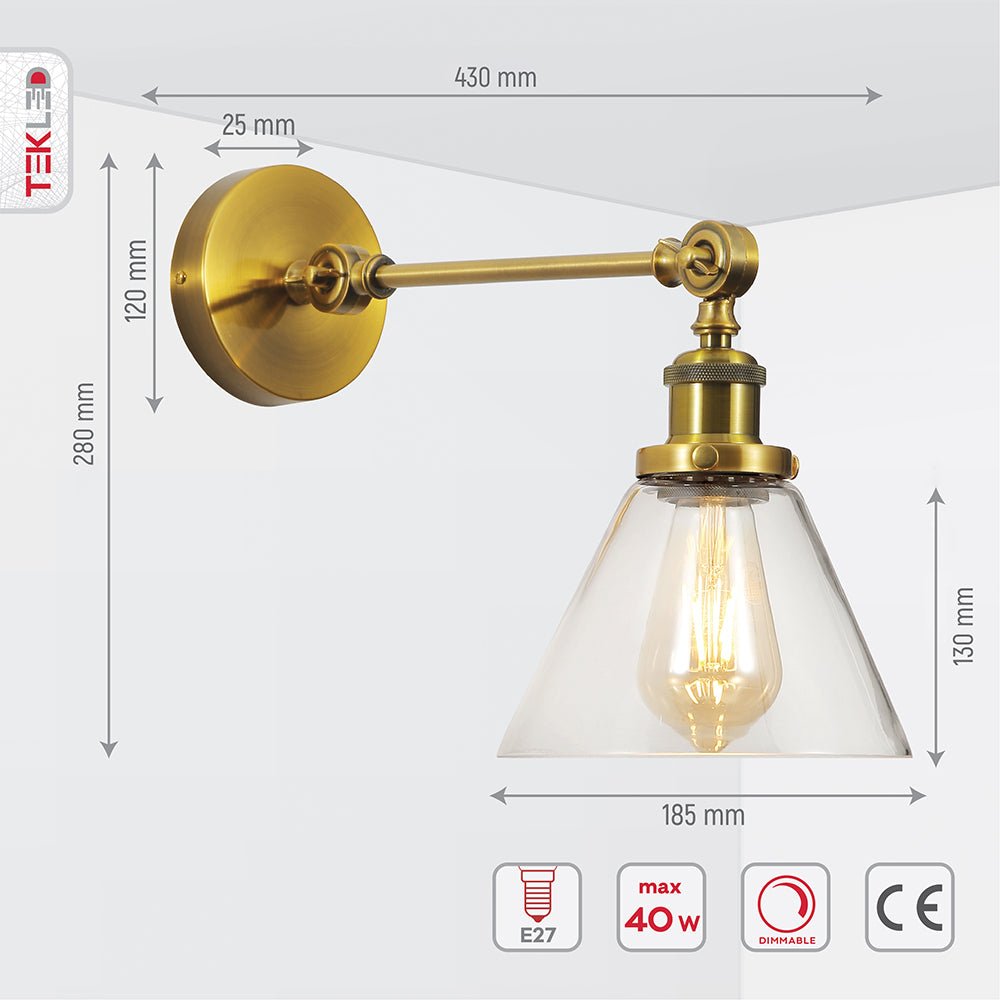 Tehcnical specifications and dimensions of Gold Aluminium Bronze Hinged Body Clear Glass Funnel Wall Light with E27 Fitting