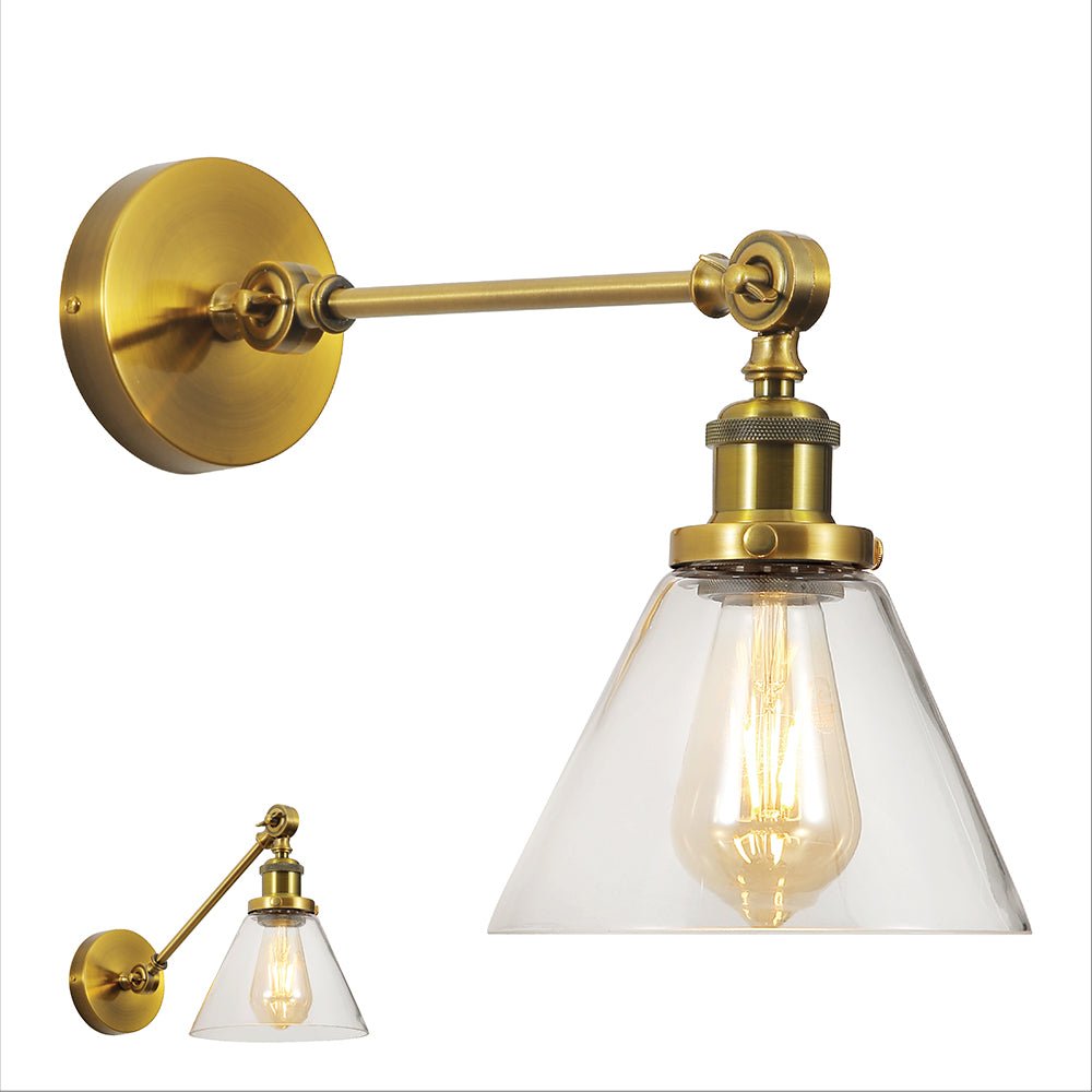 Main image of Gold Aluminium Bronze Hinged Body Clear Glass Funnel Wall Light with E27 Fitting