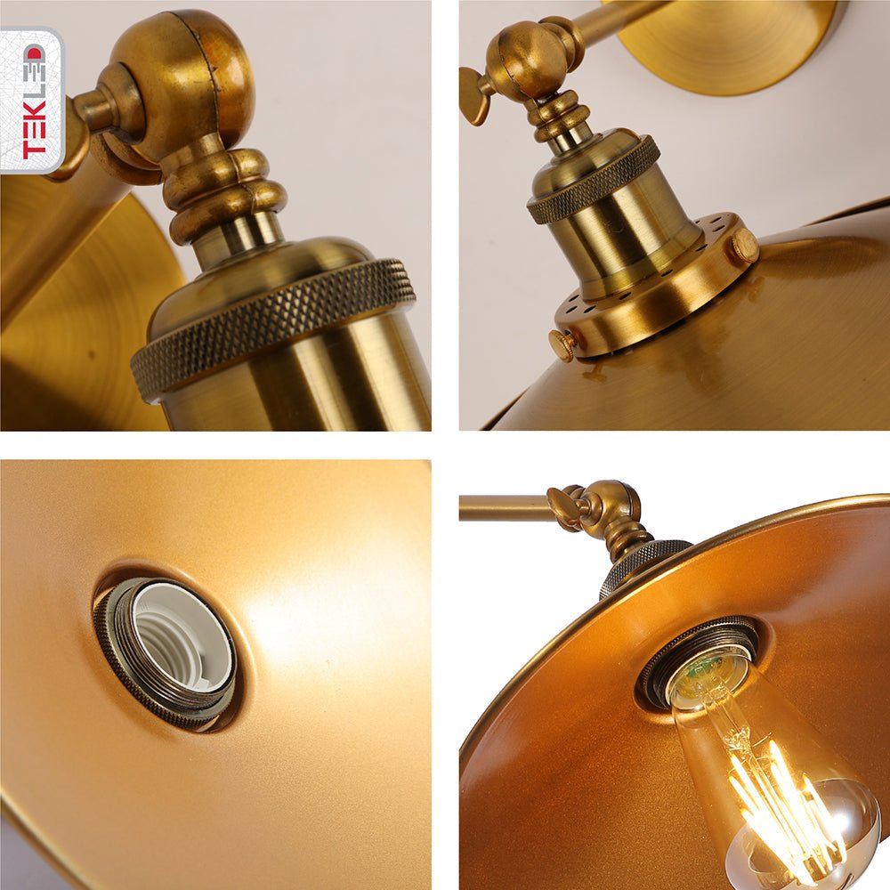 Detailed captures of Gold Aluminium Bronze Hinged Metal Flat Wall Light with E27 Fitting