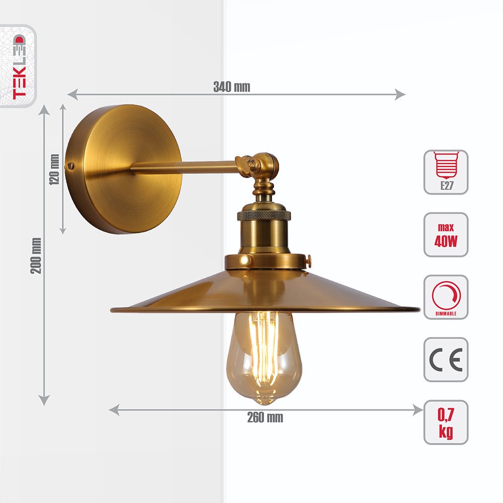 Tehcnical specifications and dimensions of Gold Aluminium Bronze Hinged Metal Flat Wall Light with E27 Fitting
