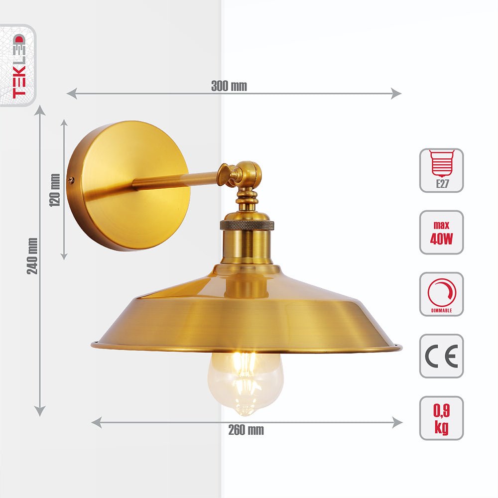 Tehcnical specifications and dimensions of Gold Aluminium Bronze Hinged Metal Step Wall Light with E27 Fitting