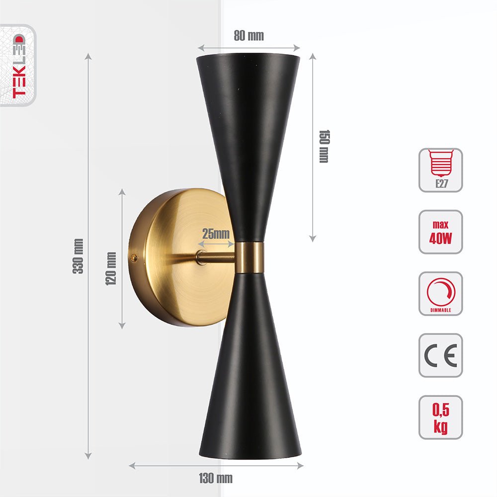 Tehcnical specifications and dimensions of Gold Aluminium Metal Body Black Cone Wall Light with 2xE27 Fitting
