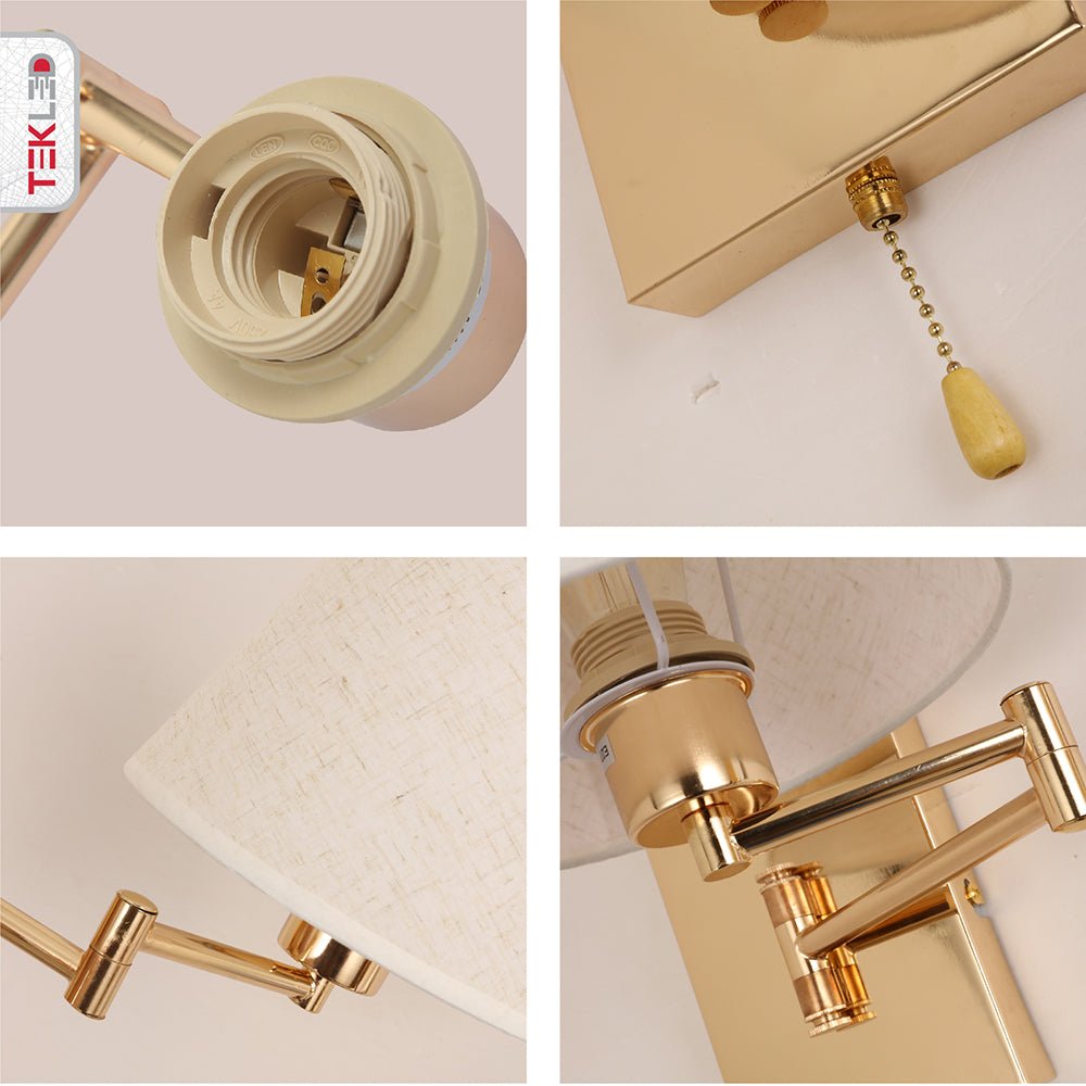 Detailed captures of Golden Metal Swing Arm Flaxen Frustum Wall Light with E27 Fitting