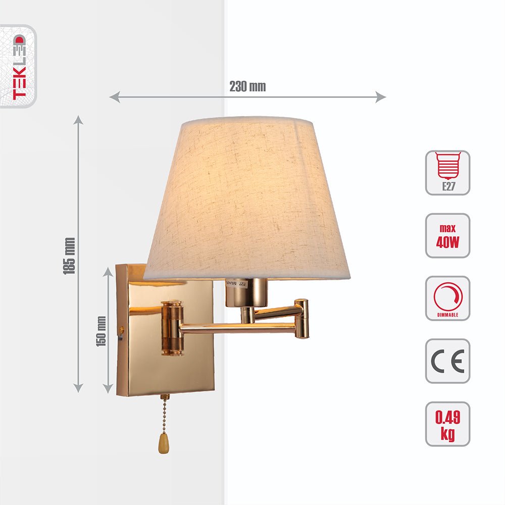 Tehcnical specifications and dimensions of Golden Metal Swing Arm Flaxen Frustum Wall Light with E27 Fitting