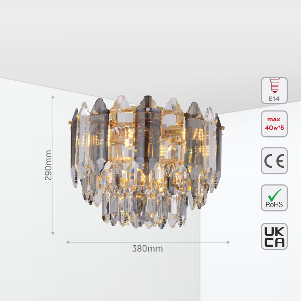 Size and tech specs of Golden Tiered Radiance Chandelier Ceiling Light with Alternating Crystal Hues | TEKLED 159-17920