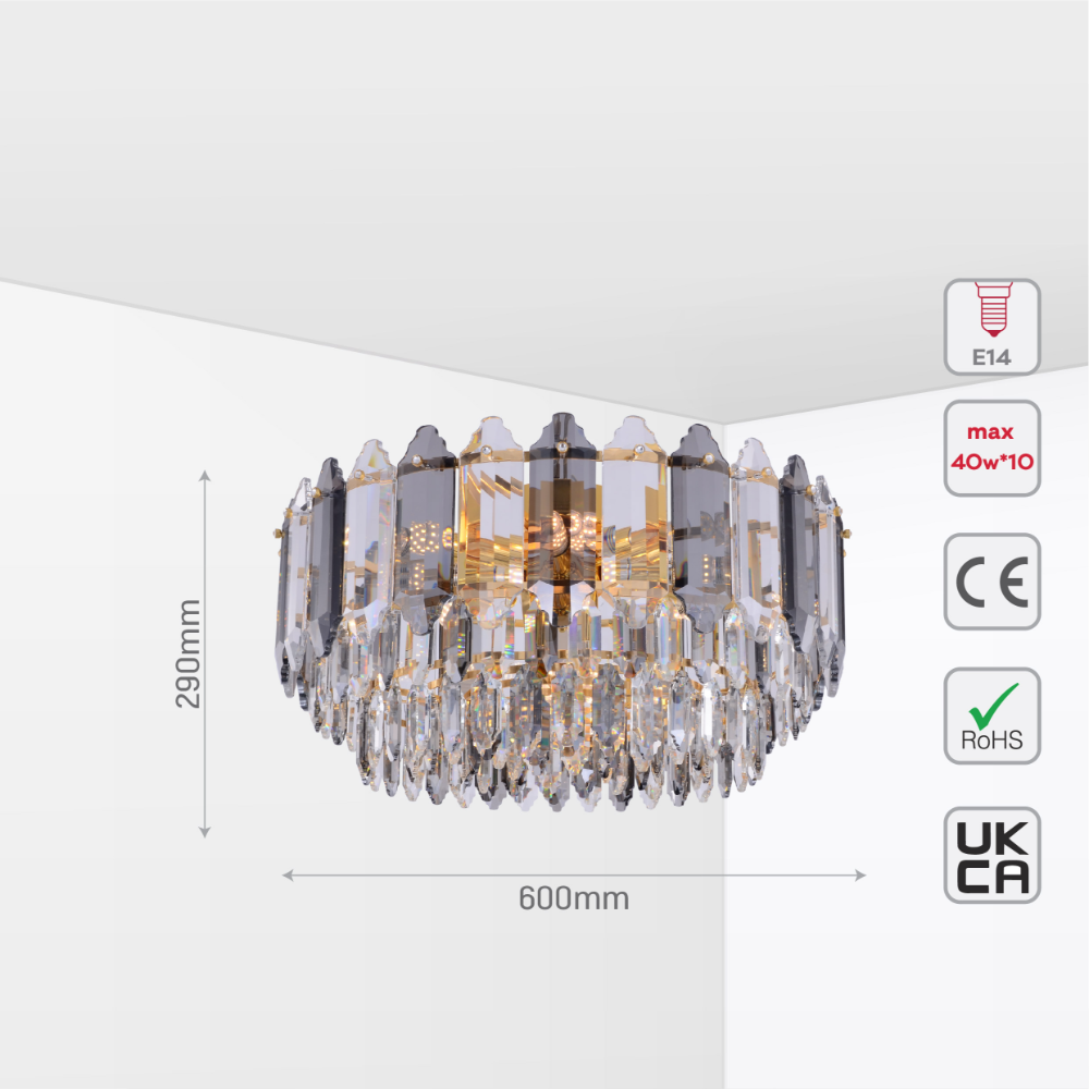 Size and tech specs of Golden Tiered Radiance Chandelier Ceiling Light with Alternating Crystal Hues | TEKLED 159-17922