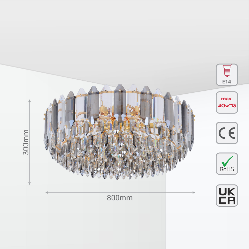 Size and tech specs of Golden Tiered Radiance Chandelier Ceiling Light with Alternating Crystal Hues | TEKLED 159-17924