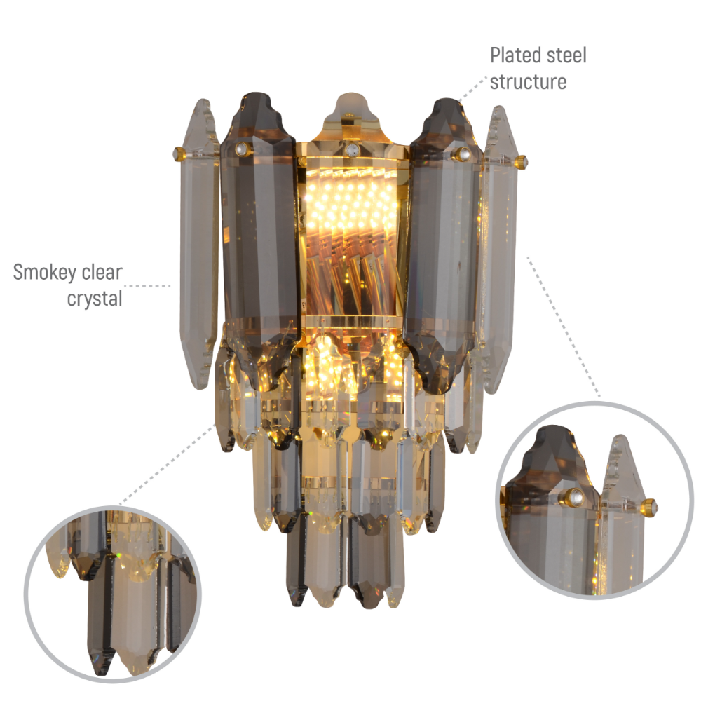 Close up of Golden Tiered Radiance with Alternating Crystal Hues Modern Wall Sconce Light | TEKLED 151-19920