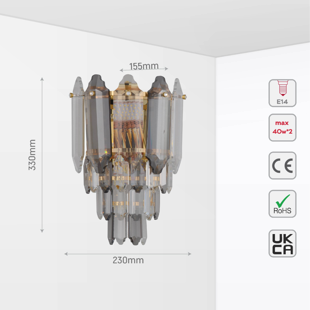 Size and tech specs of Golden Tiered Radiance with Alternating Crystal Hues Modern Wall Sconce Light | TEKLED 151-19920