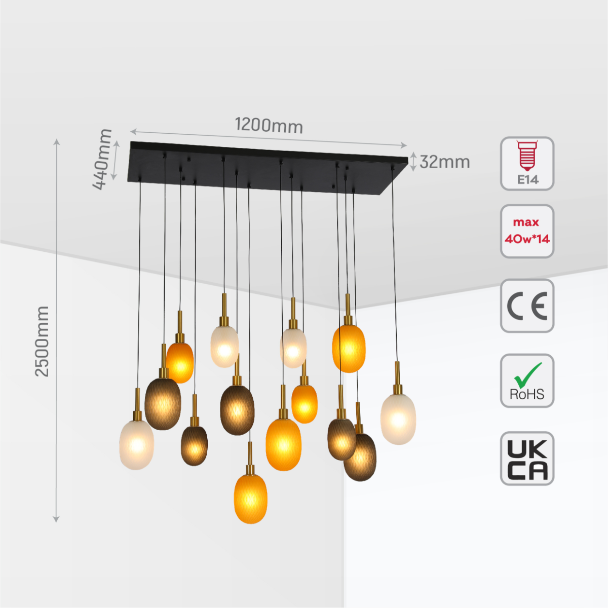 Size and certifications of Grand Space Multi-Pendant Ceiling Light 150-19028