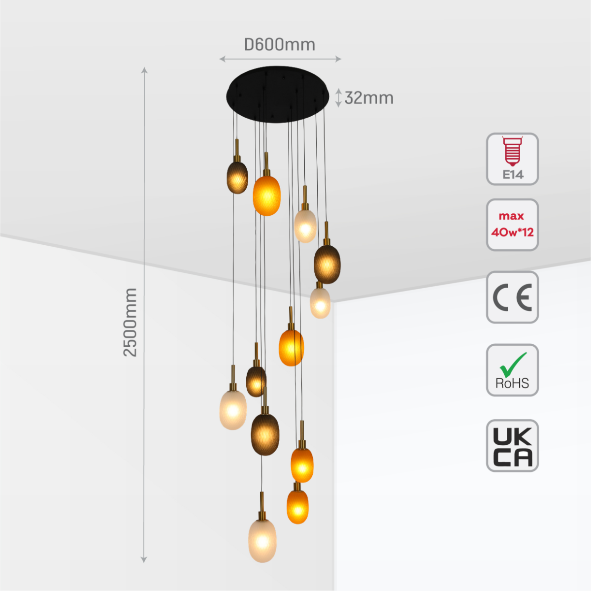 Size and certifications of Grand Space Multi-Pendant Ceiling Light 150-19030