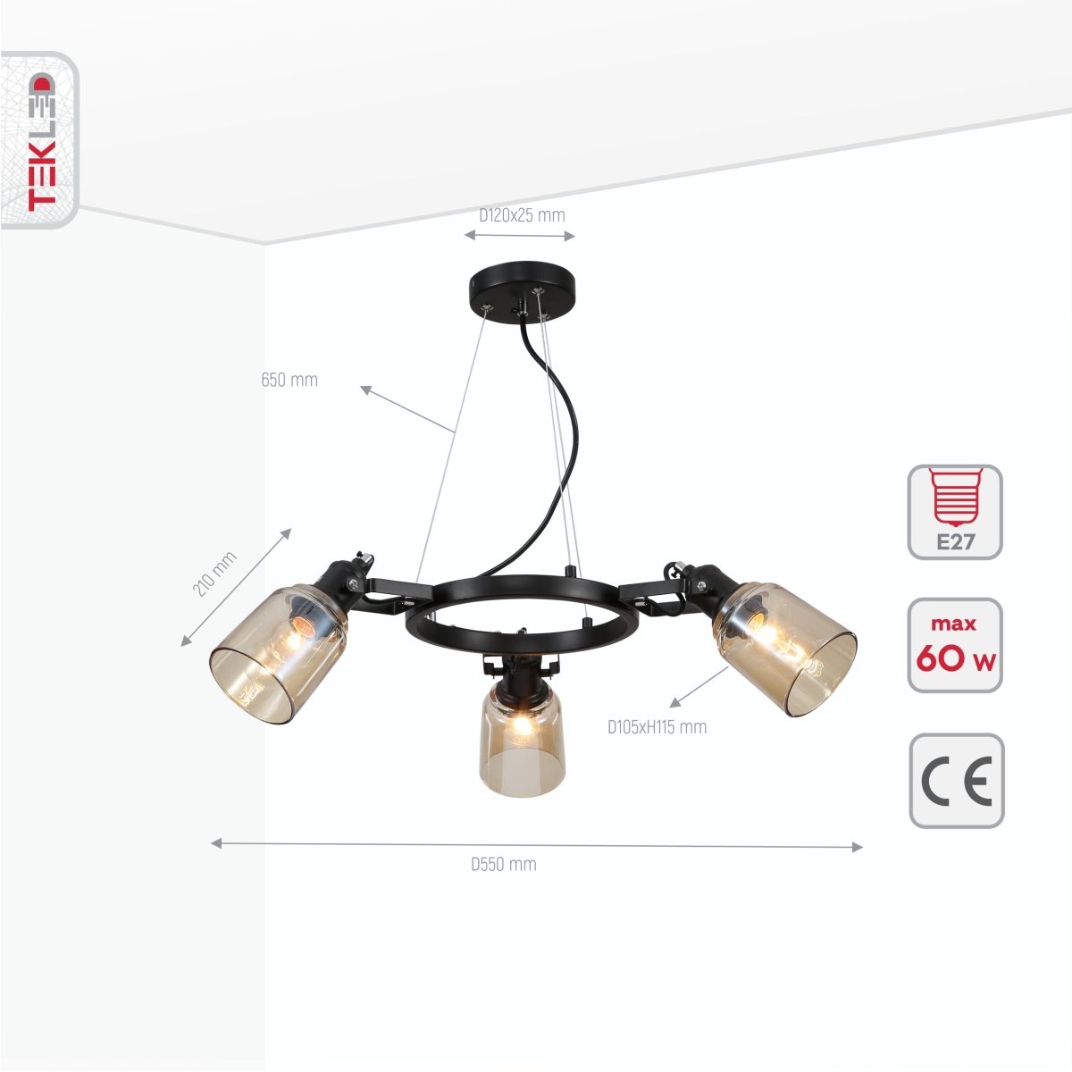 Product dimensions of amber cone glass black suspended ceiling light 3xe27