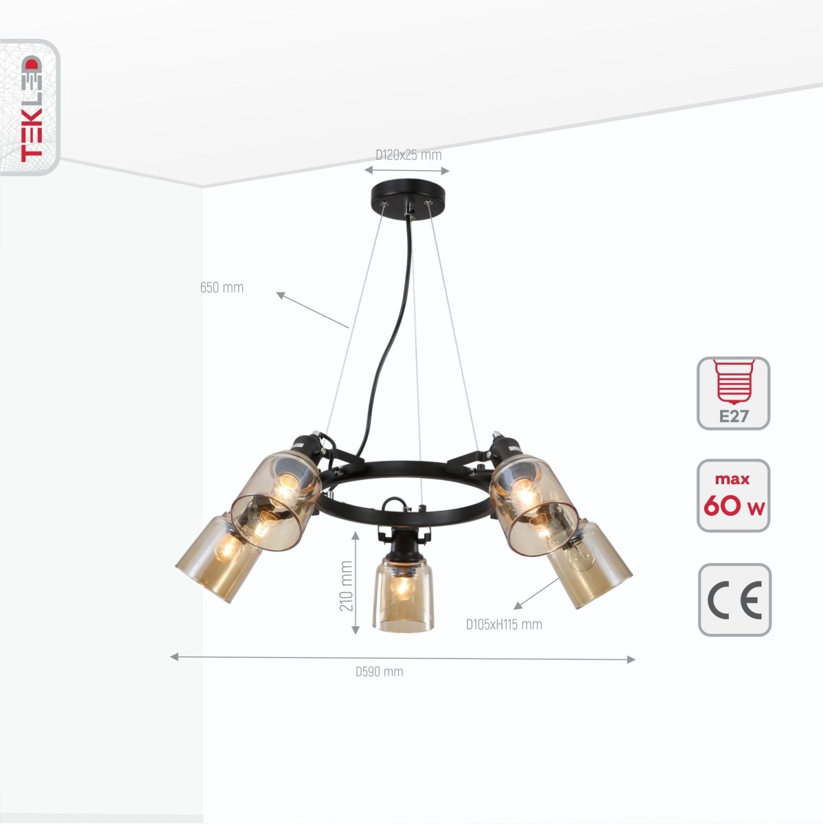 Product dimensions of amber cone glass black suspended ceiling light 5xe27