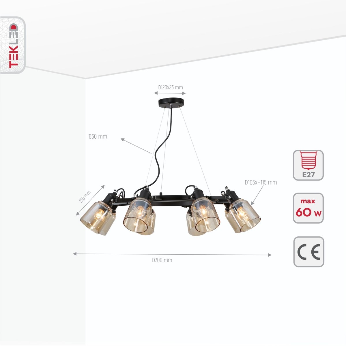 Product dimensions of amber cone glass black suspended ceiling light 8xe27