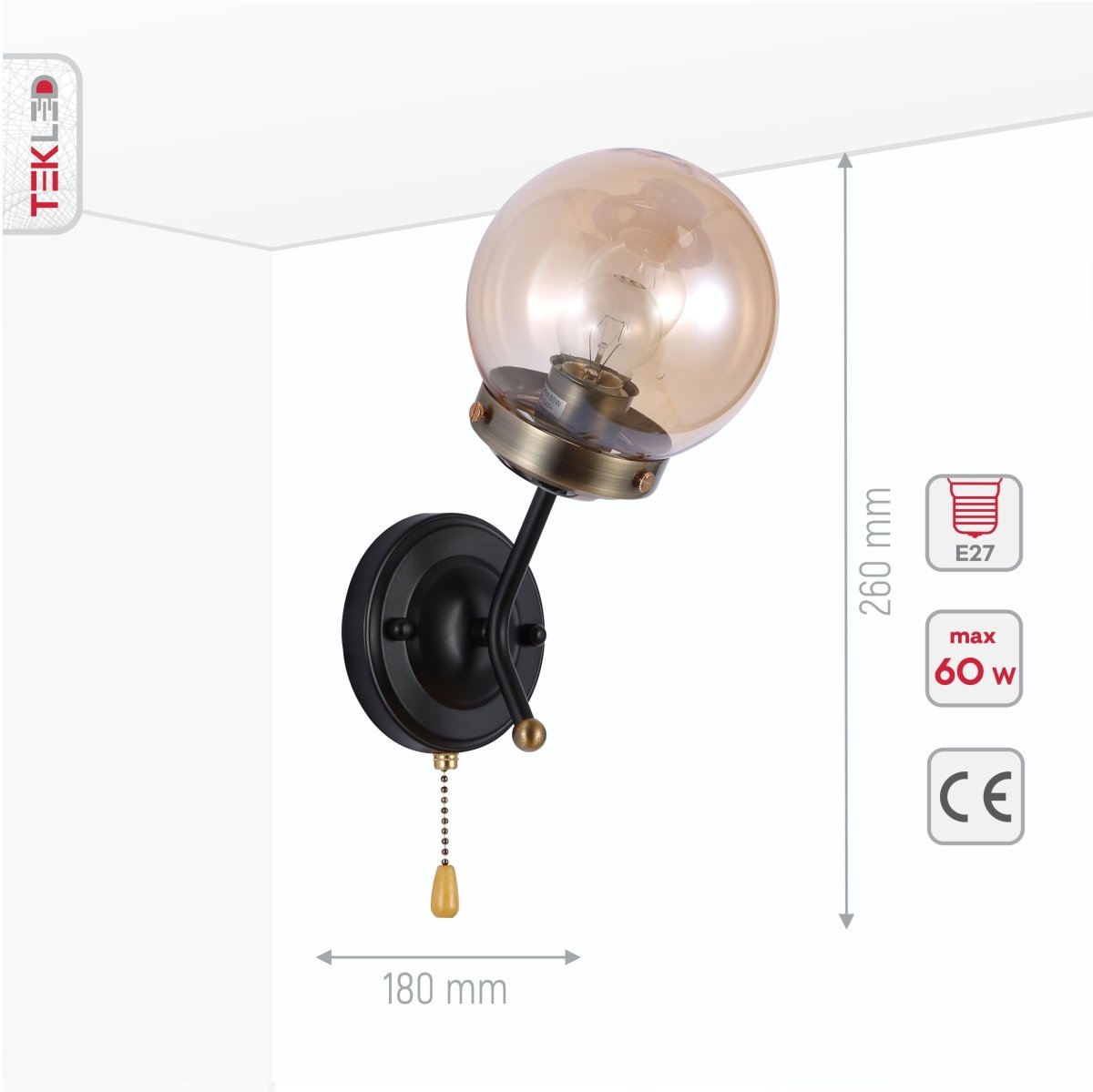 Product dimensions of amber glass antique brass and black globe wall light e27 and pull down switch