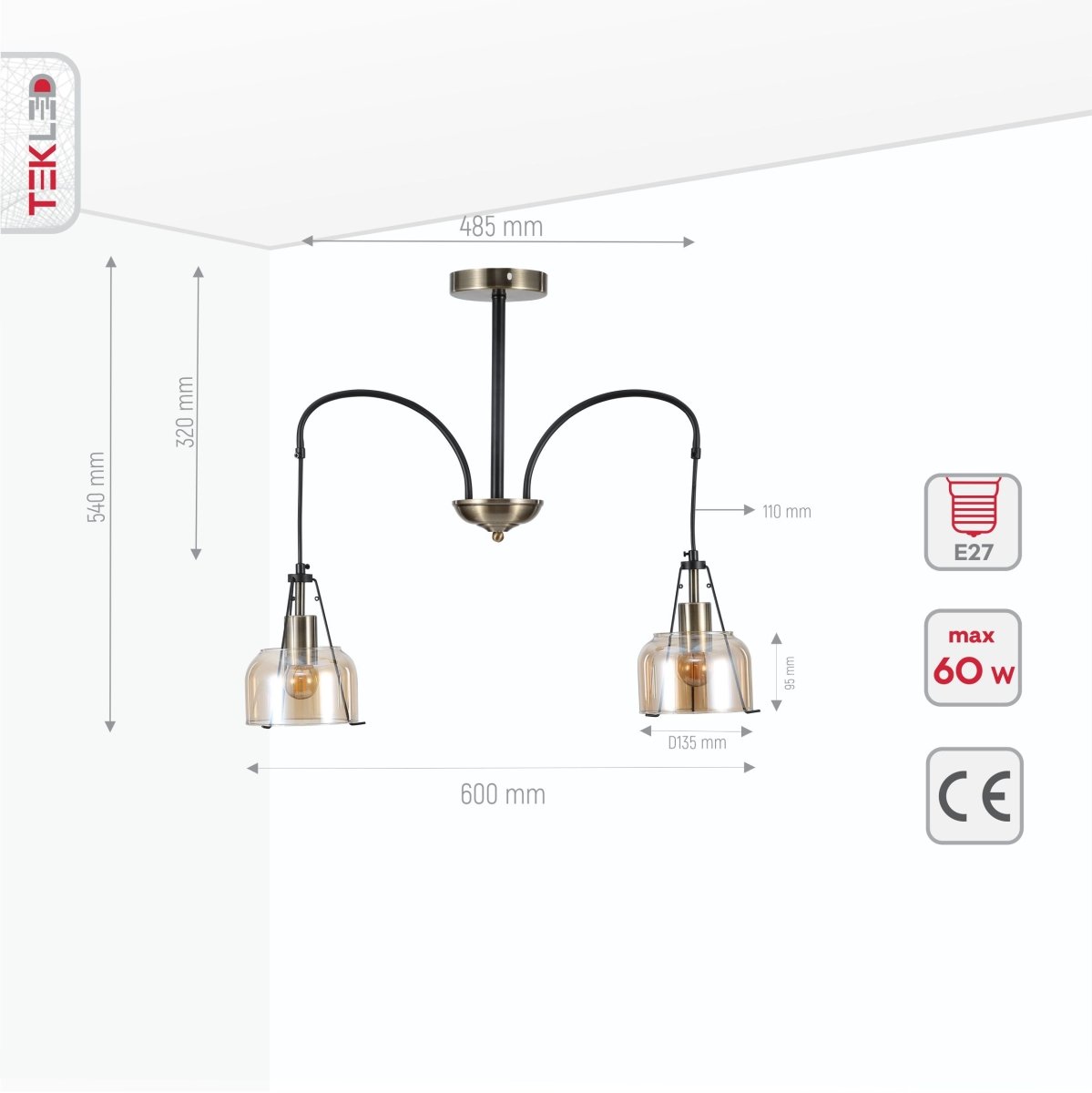 Product dimensions of amber glass black and antique brass suspended ceiling light 2xe27