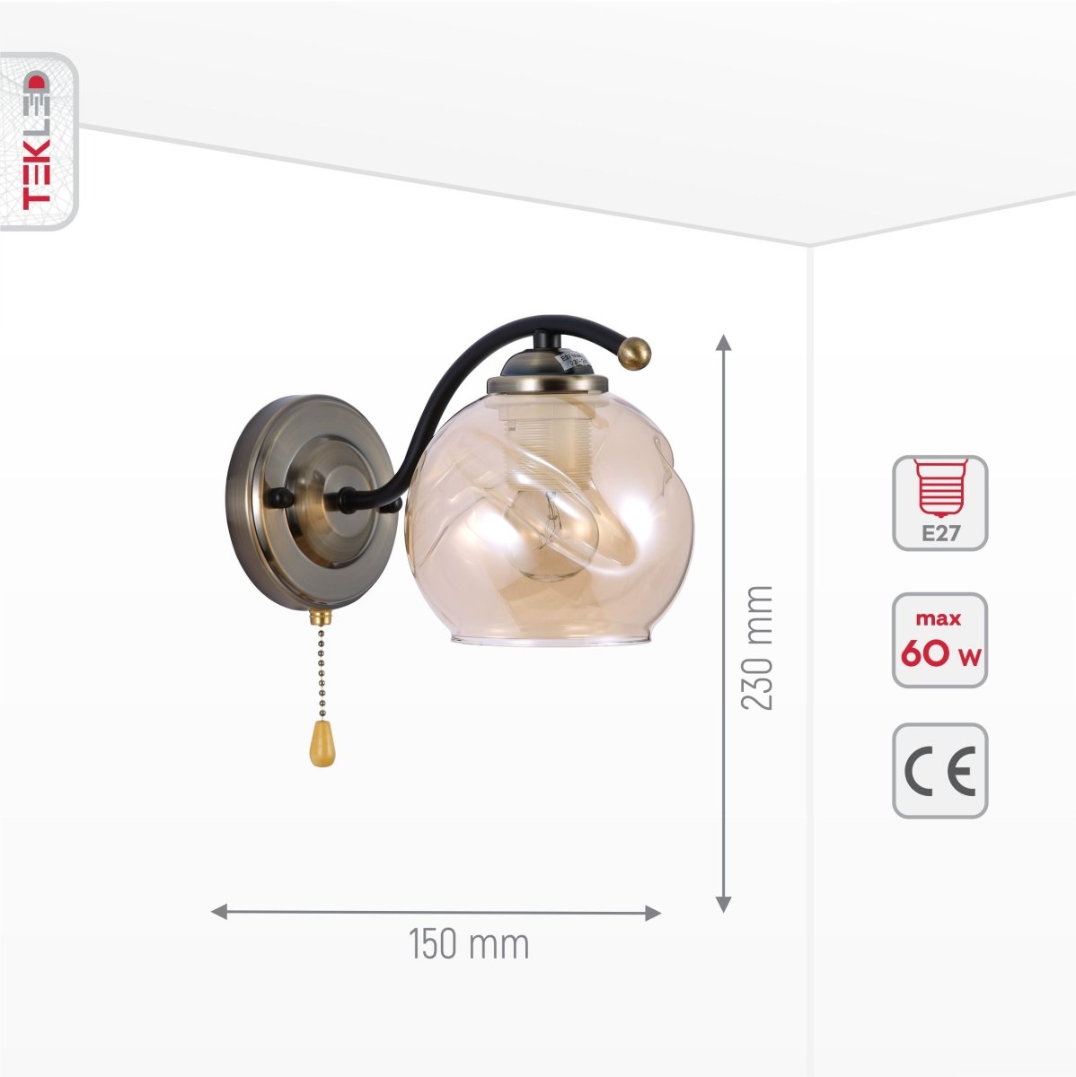 Product dimensions of amber glass black and antique brass wall light e27 and pull down switch