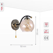 Product dimensions of amber glass black and antique brass wall light e27 and pull down switch