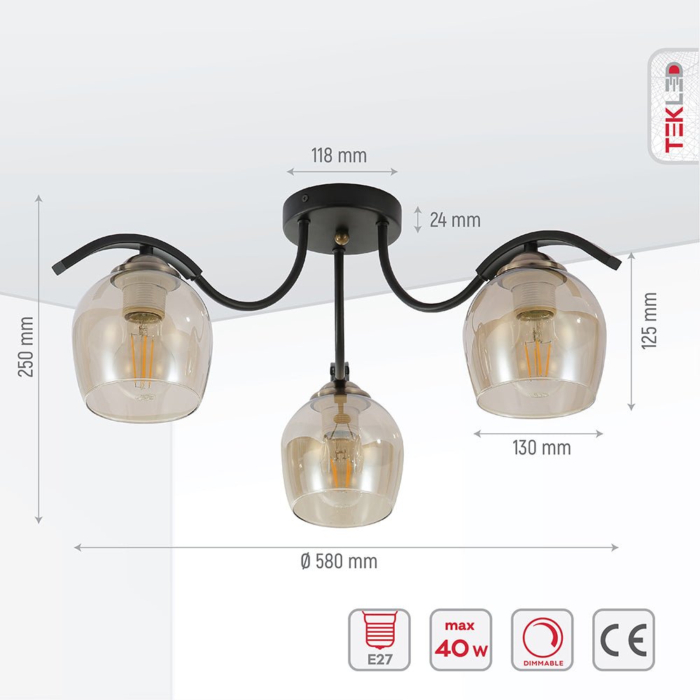 Product dimensions of amber glass black semi-flush ceiling light with 3xe27 fitting