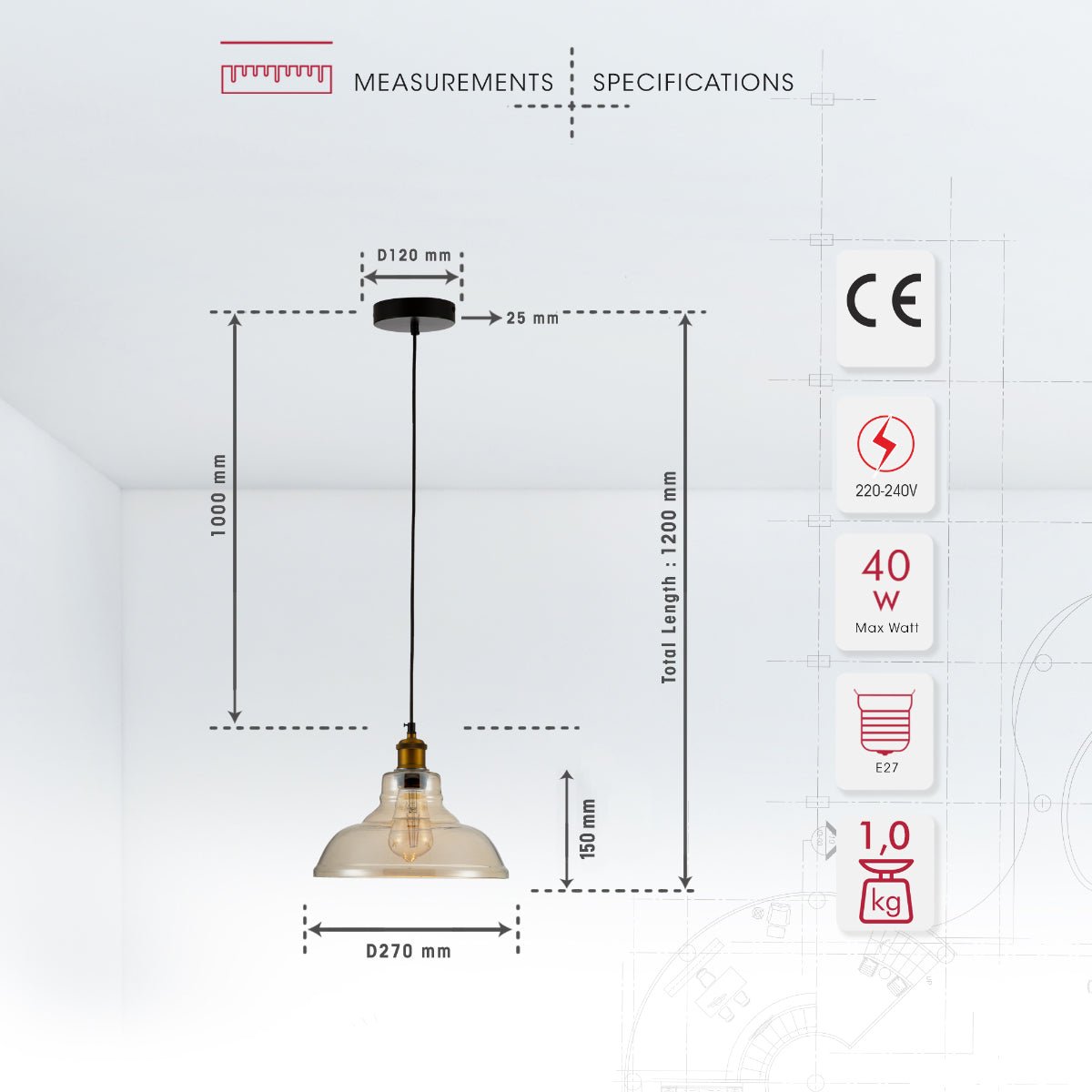 Size and specs of Amber Glass Cone Pendant Ceiling Light with E27 | TEKLED 150-17802
